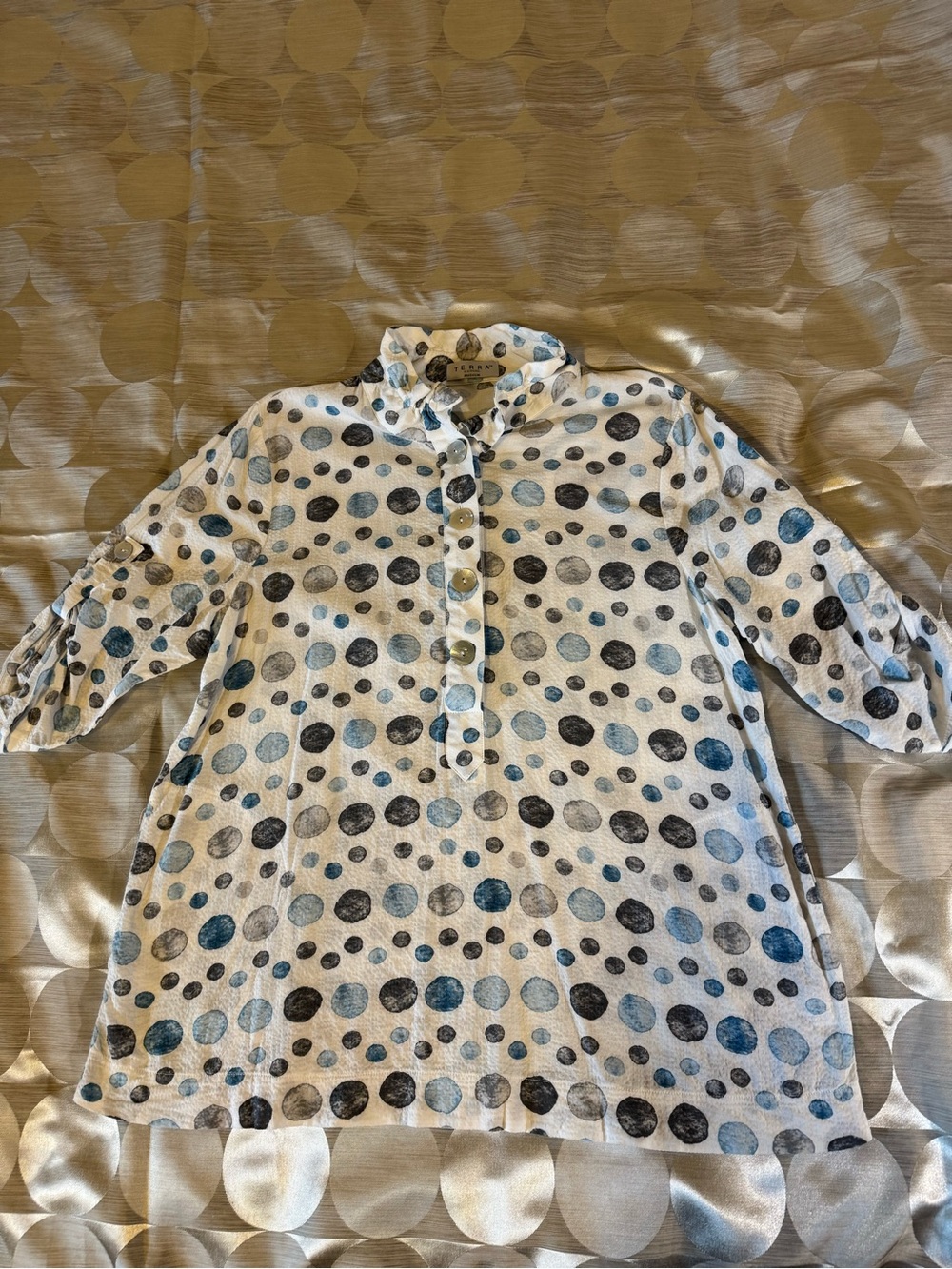 Polka Dot Popover Blouse in White with Blue and Black Dots